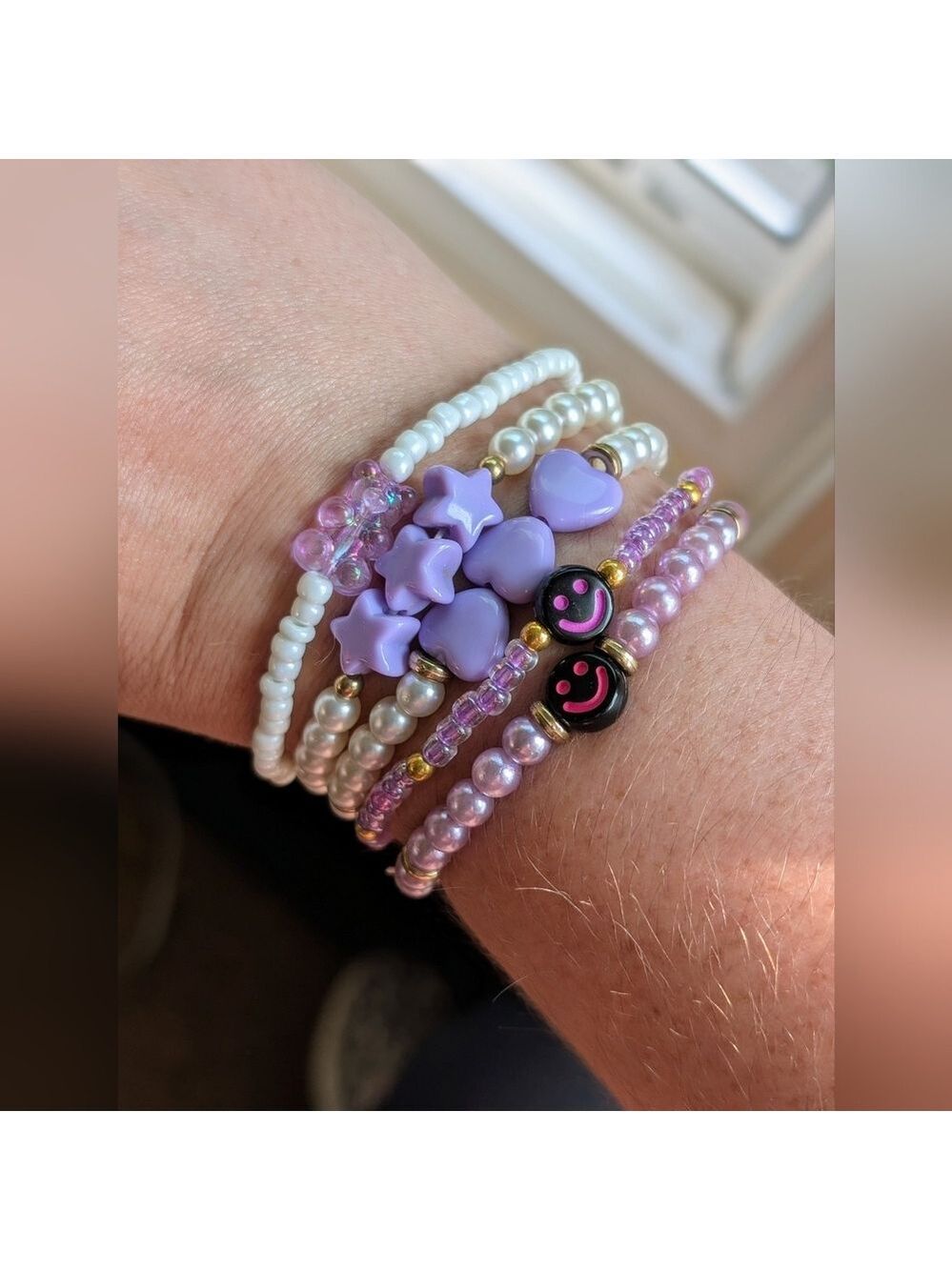 Purple And White Beaded Bracelet Set 5 Pack